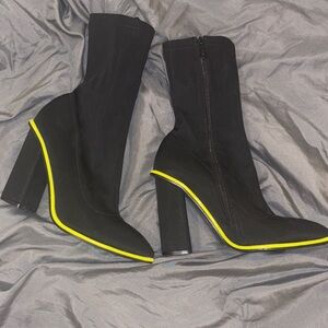 Fashion Nova Black Stretch Sock Boots with Neon Yellow Piping